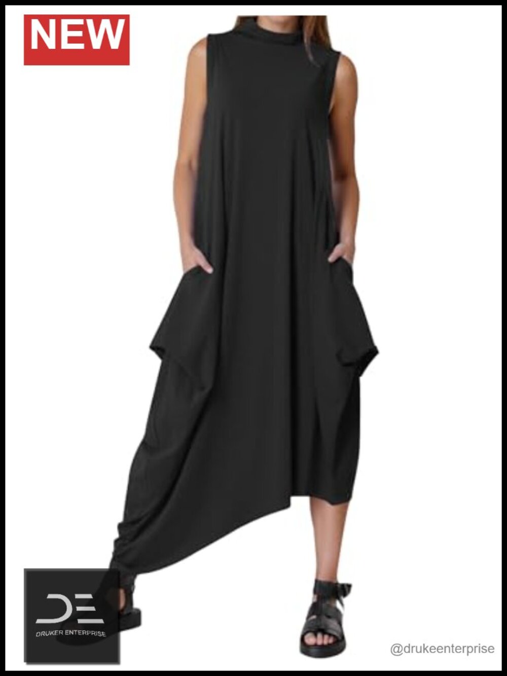 Sleeveless Turtleneck Asymmetrical Hem Maxi Dress